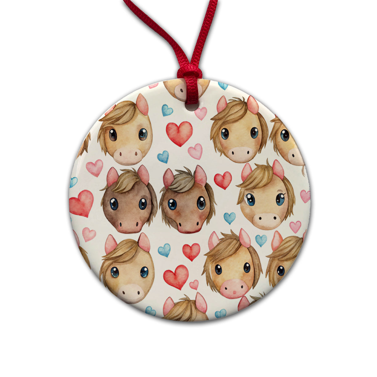 Cute Horse Faces Hearts Watercolor Round Ceramic Holiday Christmas Tree Ornament