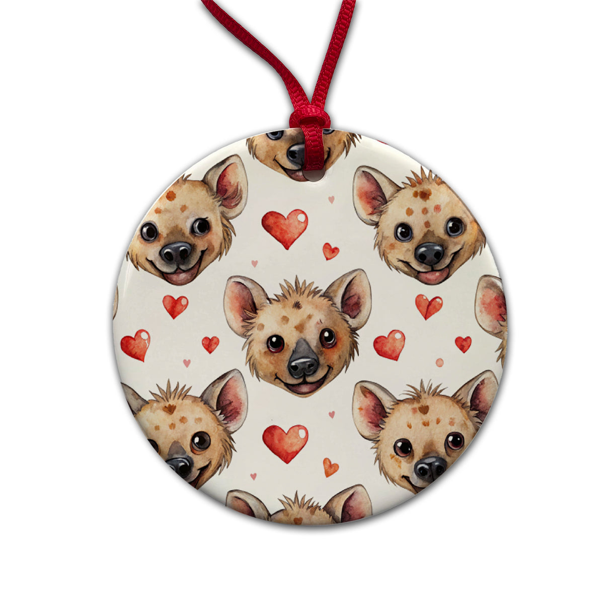 Cute Hyenas Faces Hearts Watercolor Round Ceramic Holiday Christmas Tree Ornament