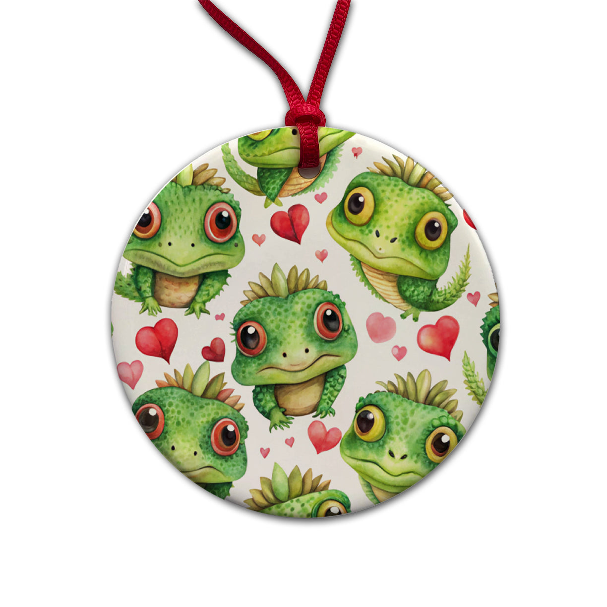 Cute Iguanas Hearts Watercolor Round Ceramic Holiday Christmas Tree Ornament