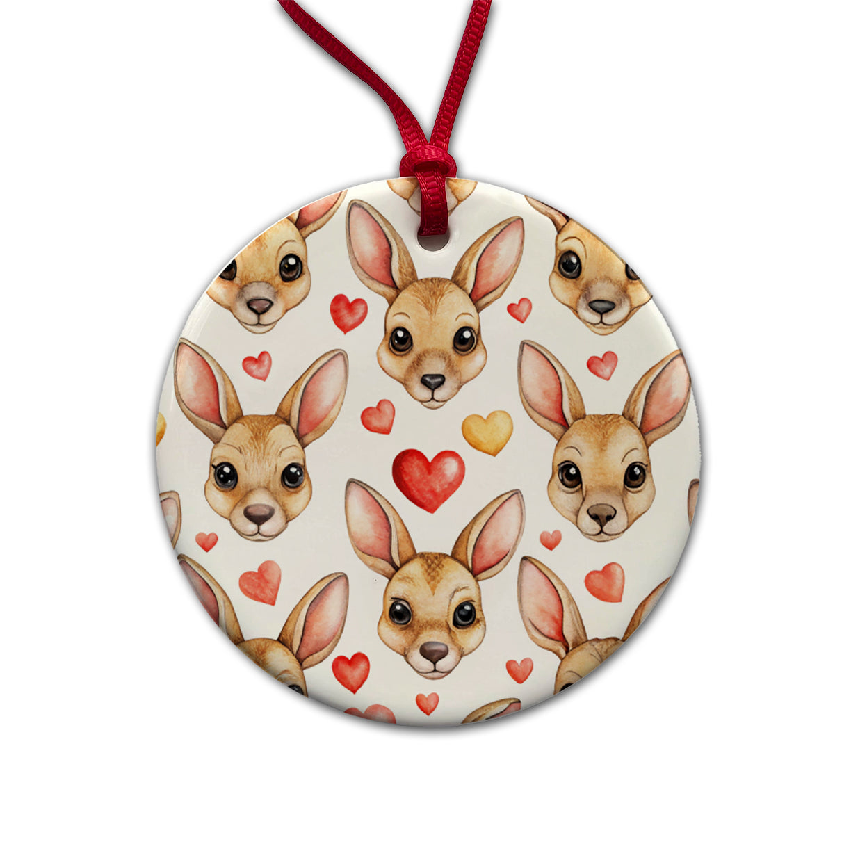 Cute Kangaroo Faces Hearts Round Ceramic Holiday Christmas Tree Ornament