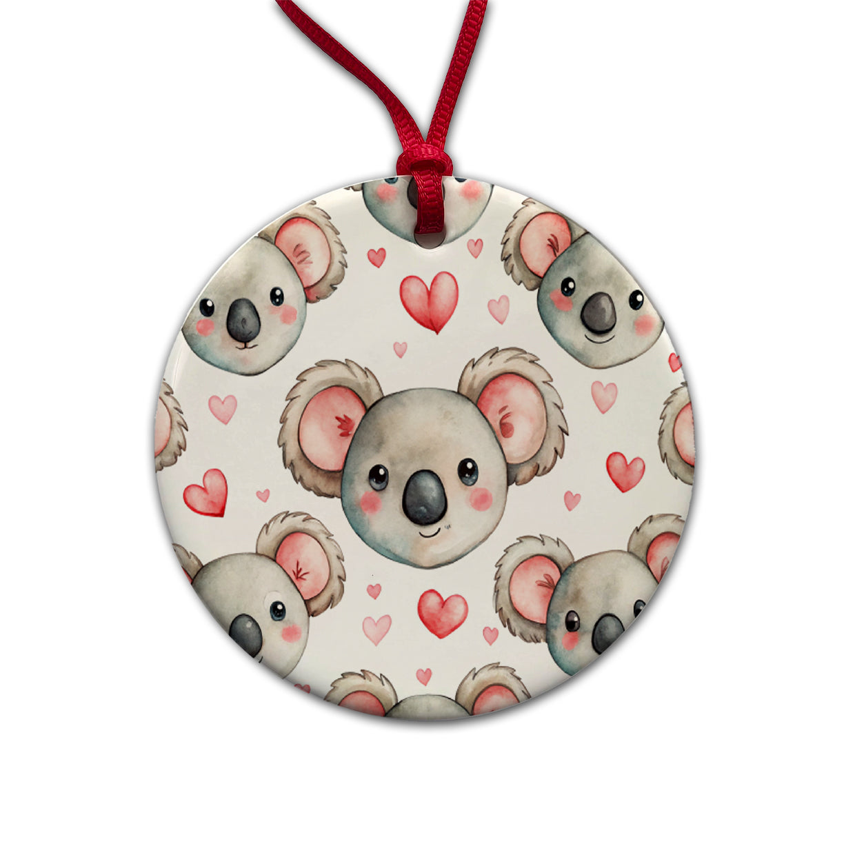 Cute Koala Bears Faces Hearts Round Ceramic Holiday Christmas Tree Ornament