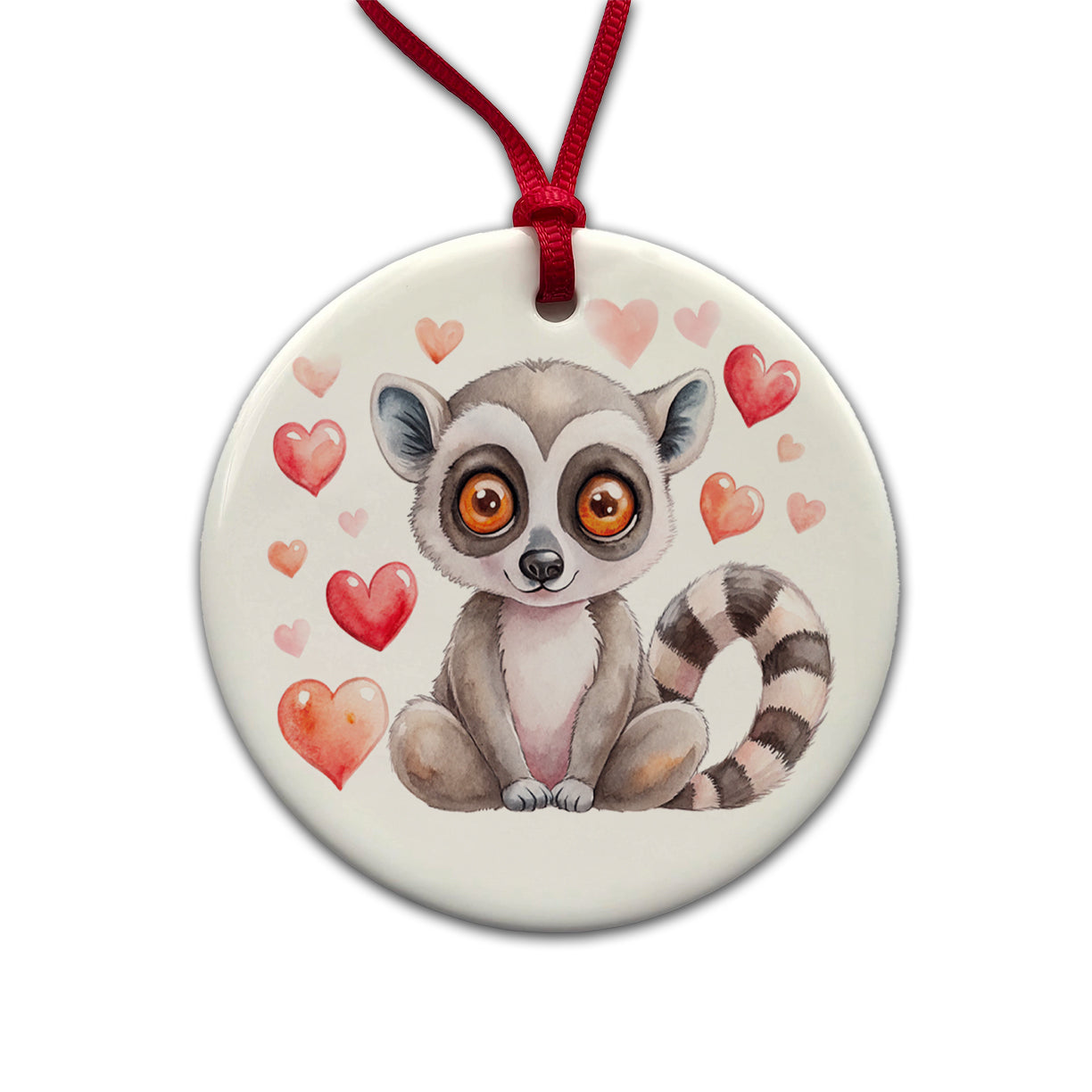 Cute Lemur Hearts Watercolor Round Ceramic Holiday Christmas Tree Ornament
