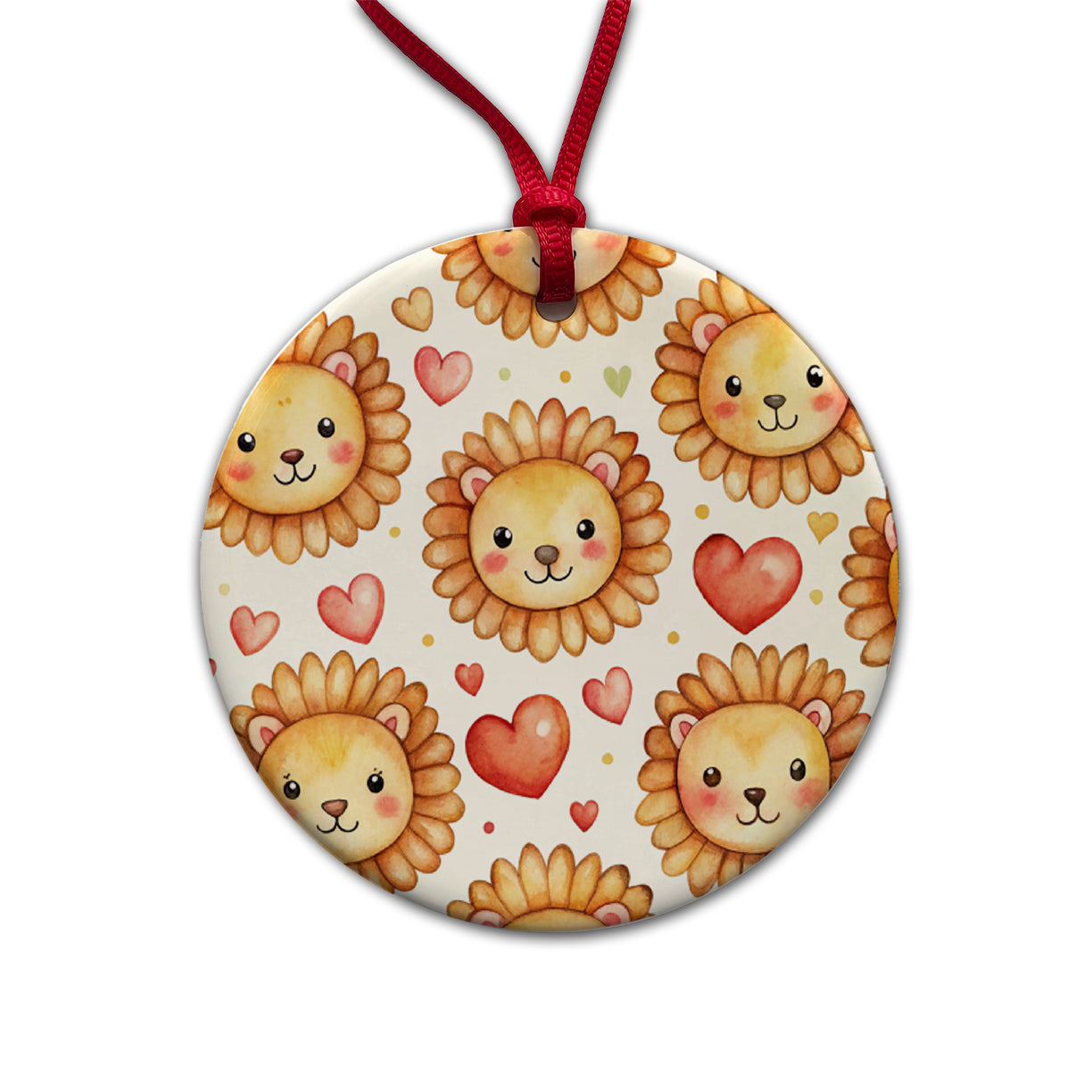 Cute Lion Faces Hearts Watercolor Round Ceramic Holiday Christmas Tree Ornament