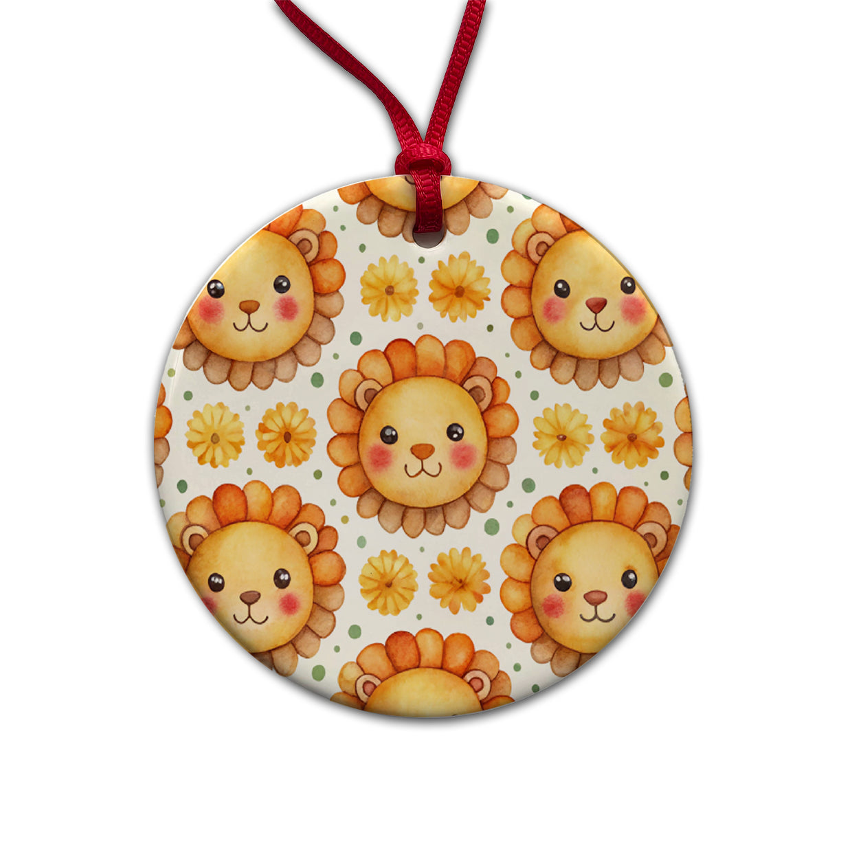 Cute Lion Faces Watercolor Round Ceramic Holiday Christmas Tree Ornament