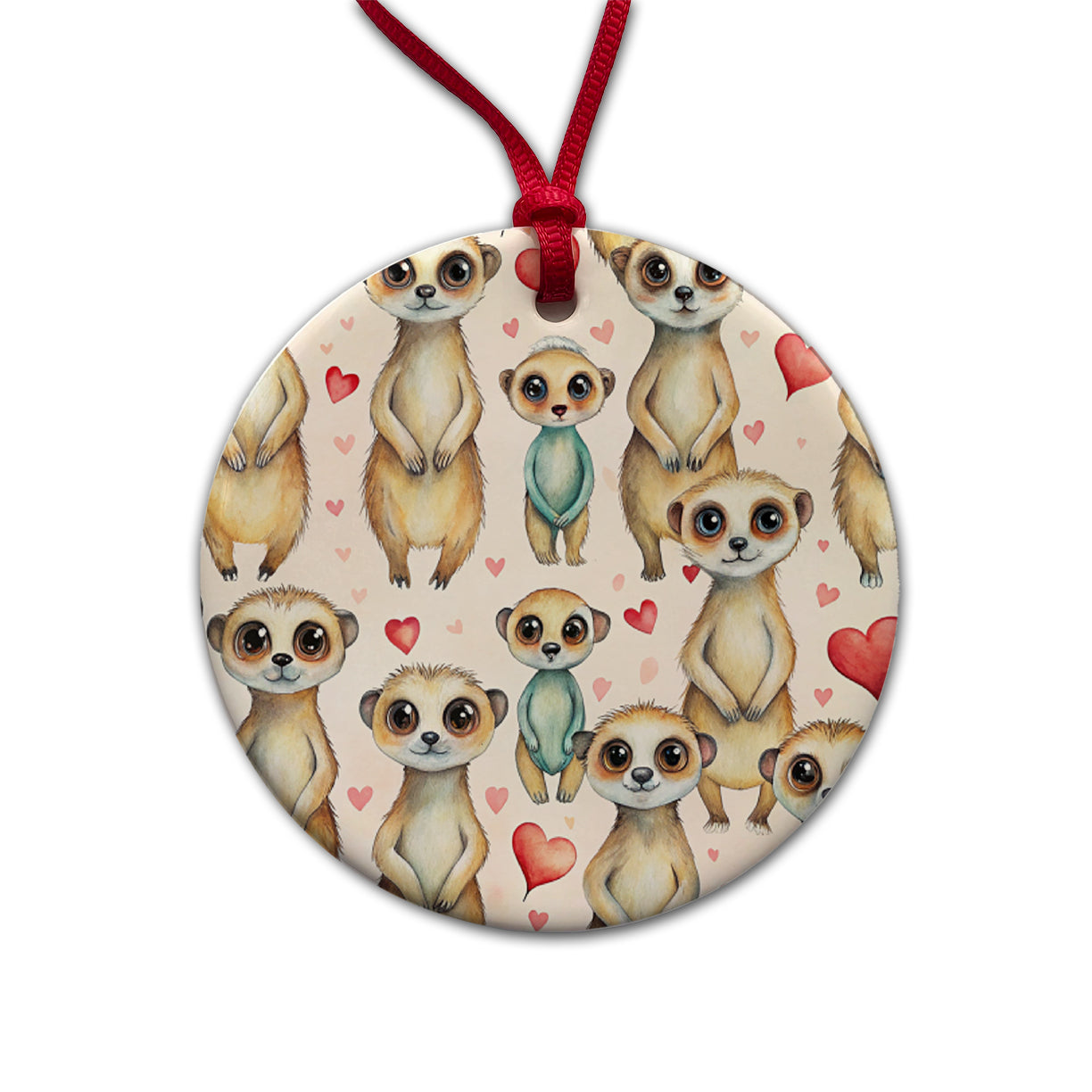 Cute Meerkats Hearts Watercolor Round Ceramic Holiday Christmas Tree Ornament