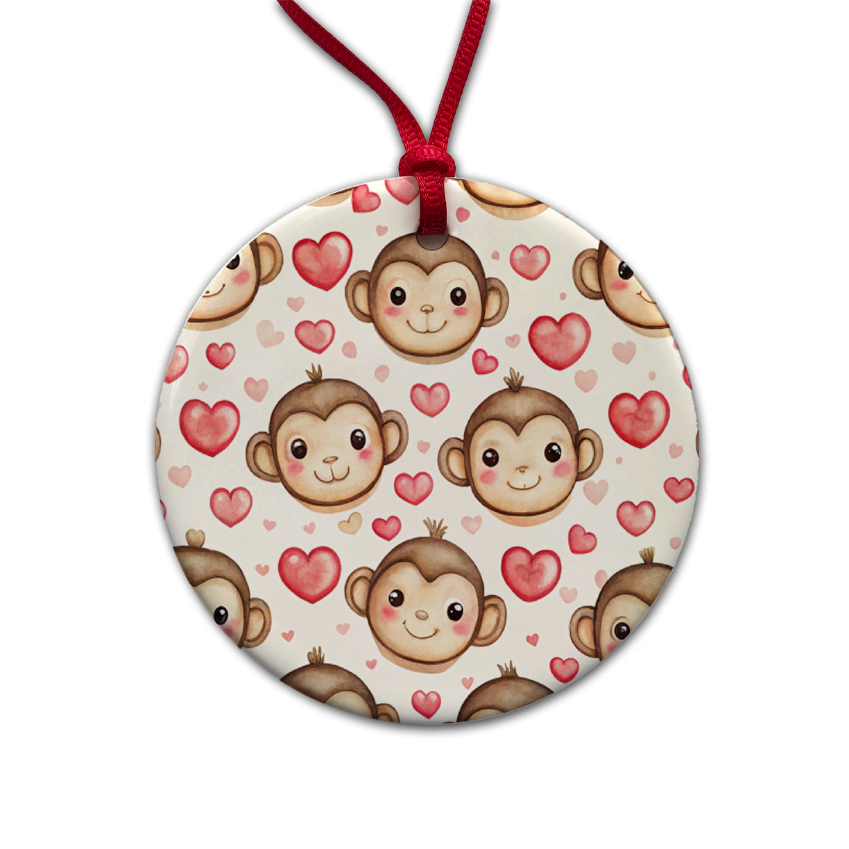 Cute Monkey Faces Hearts Watercolor Round Ceramic Holiday Christmas Tree Ornament