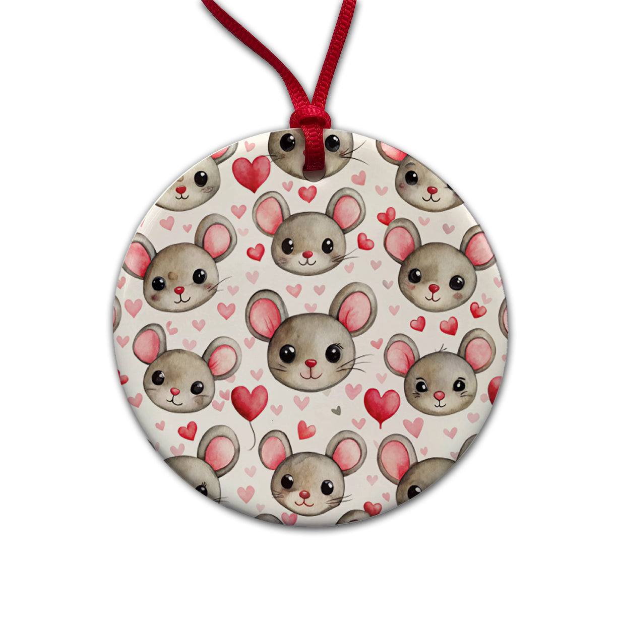 Cute Mouse Faces Hearts Watercolor Round Ceramic Holiday Christmas Tree Ornament