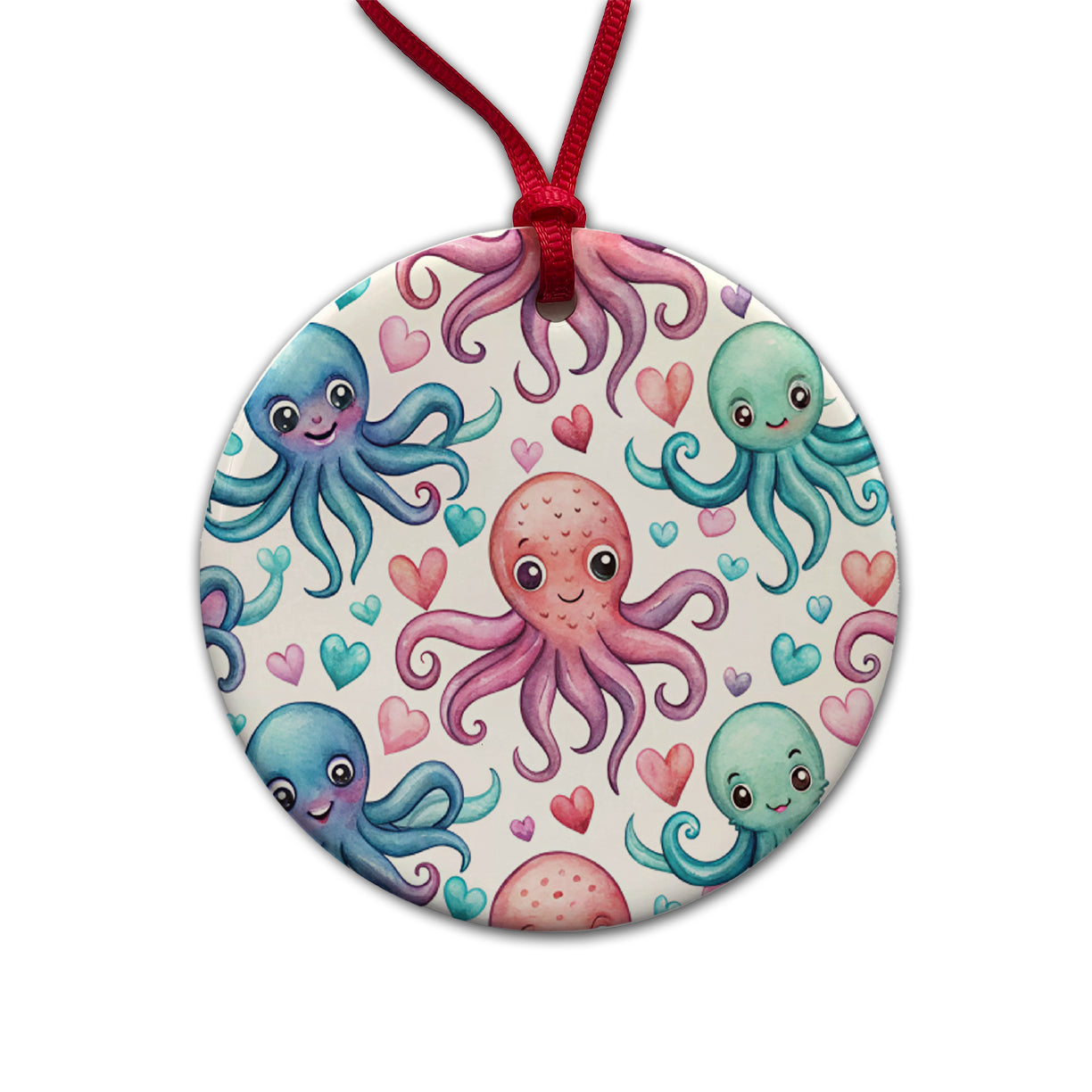 Cute Octopus Hearts Watercolor Round Ceramic Holiday Christmas Tree Ornament