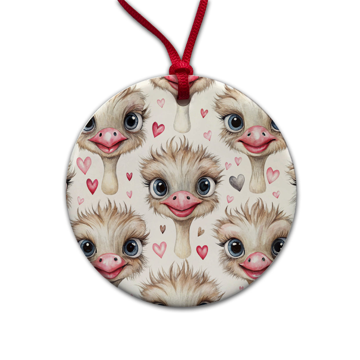 Cute Ostriches Faces Hearts Round Ceramic Holiday Christmas Tree Ornament