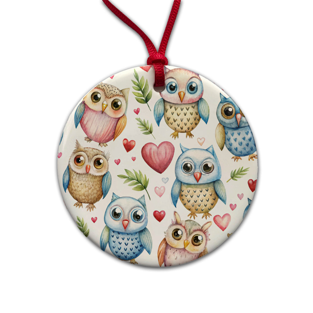 Cute Owls Hearts Watercolor Round Ceramic Holiday Christmas Tree Ornament