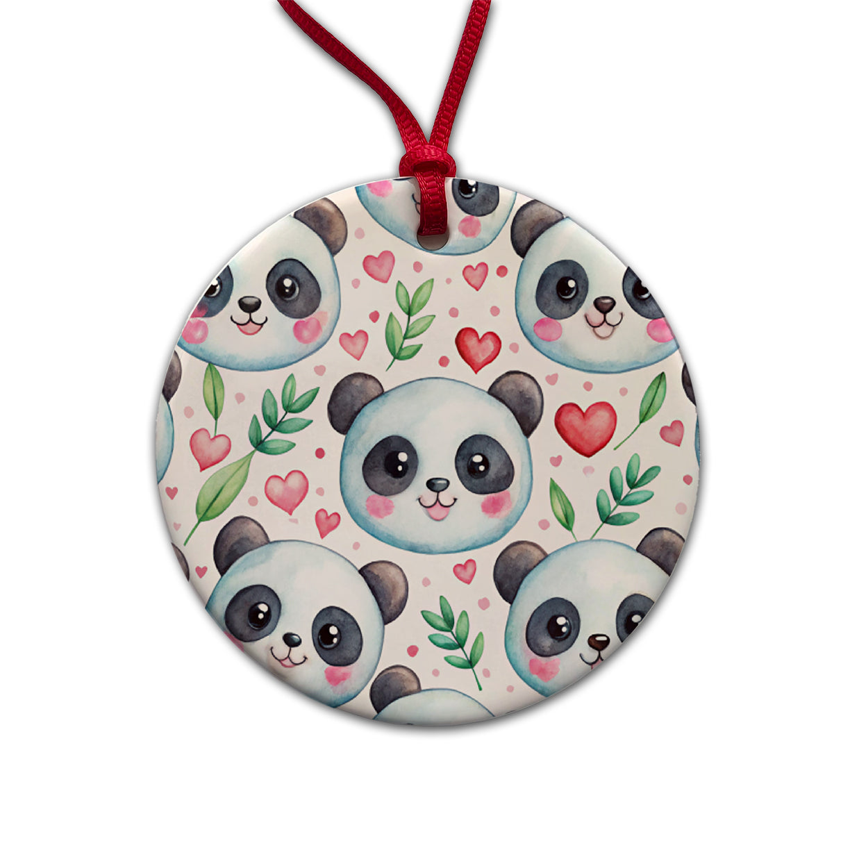Cute Panda Faces Hearts Watercolor Round Ceramic Holiday Christmas Tree Ornament