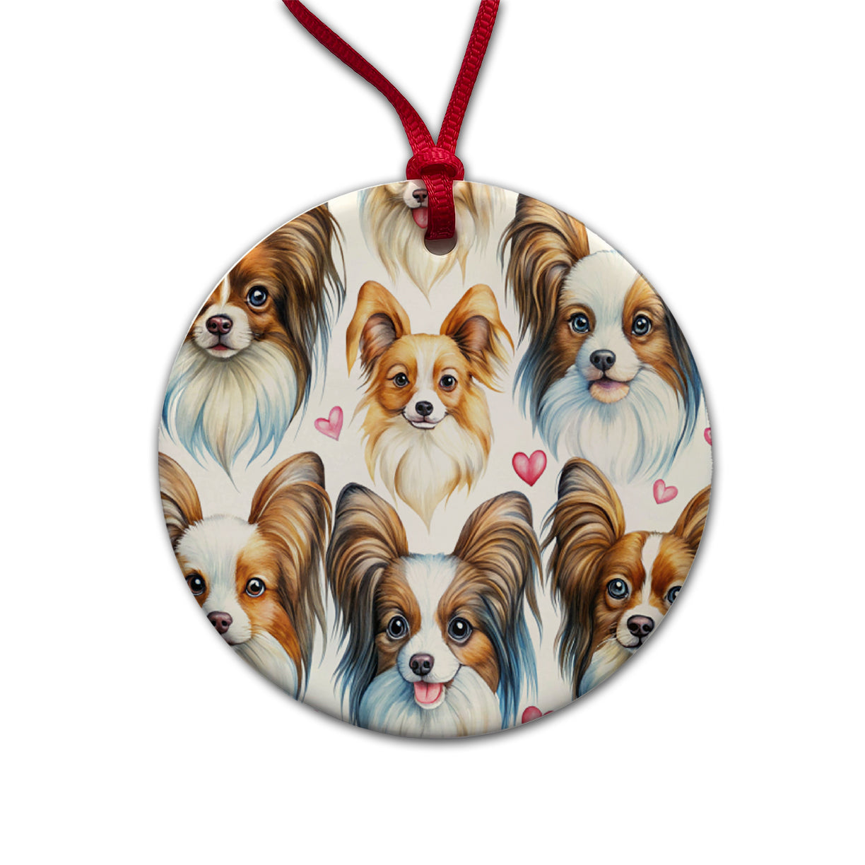 Cute Papillion Dog Faces Hearts Round Ceramic Holiday Christmas Tree Ornament
