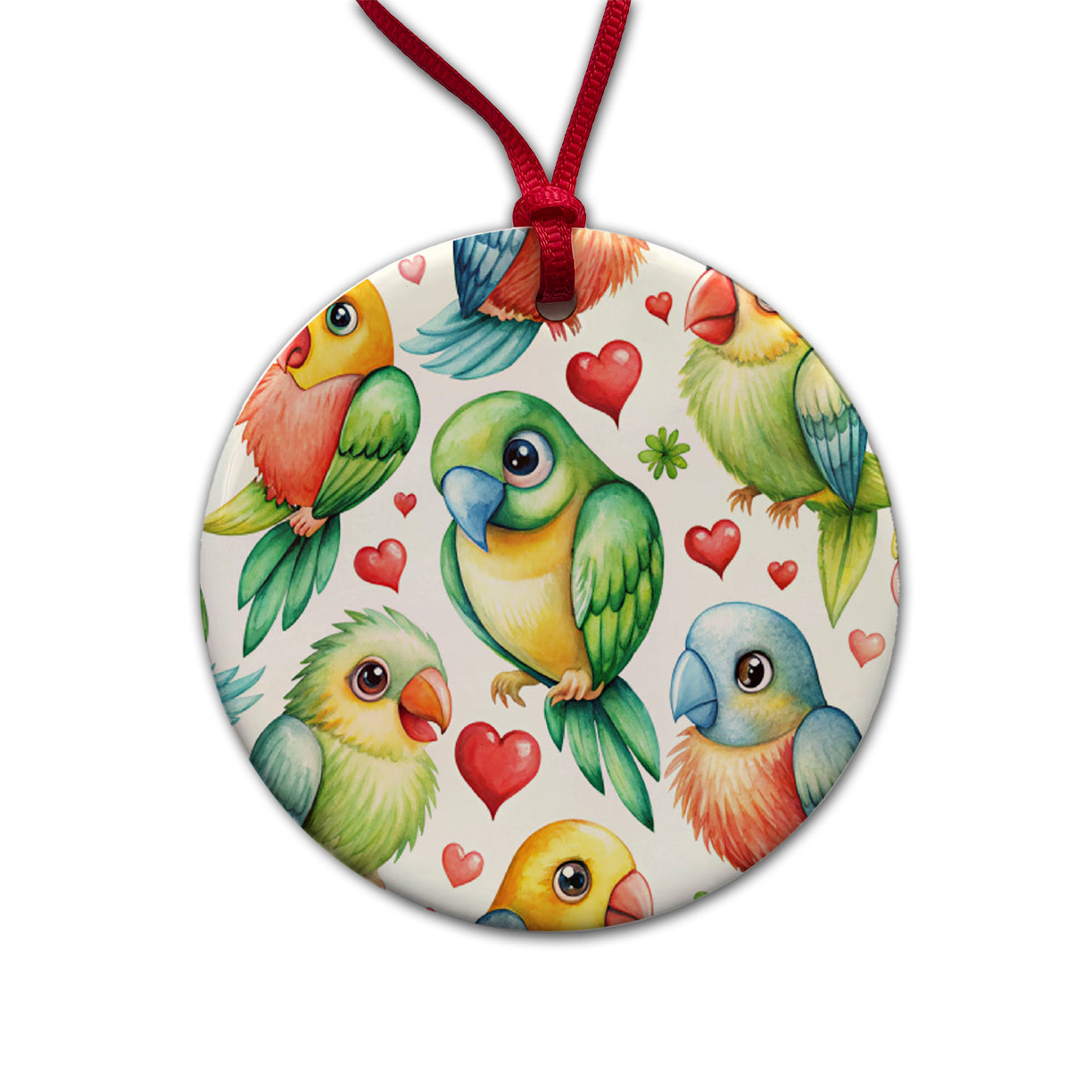 Cute Parrots Hearts Watercolor Round Ceramic Holiday Christmas Tree Ornament