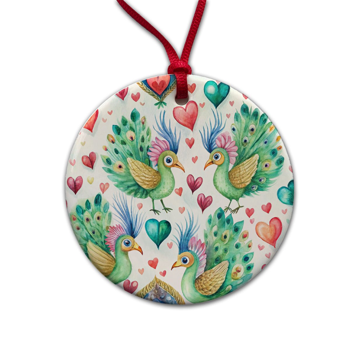 Cute Peacocks Hearts Watercolor Round Ceramic Holiday Christmas Tree Ornament