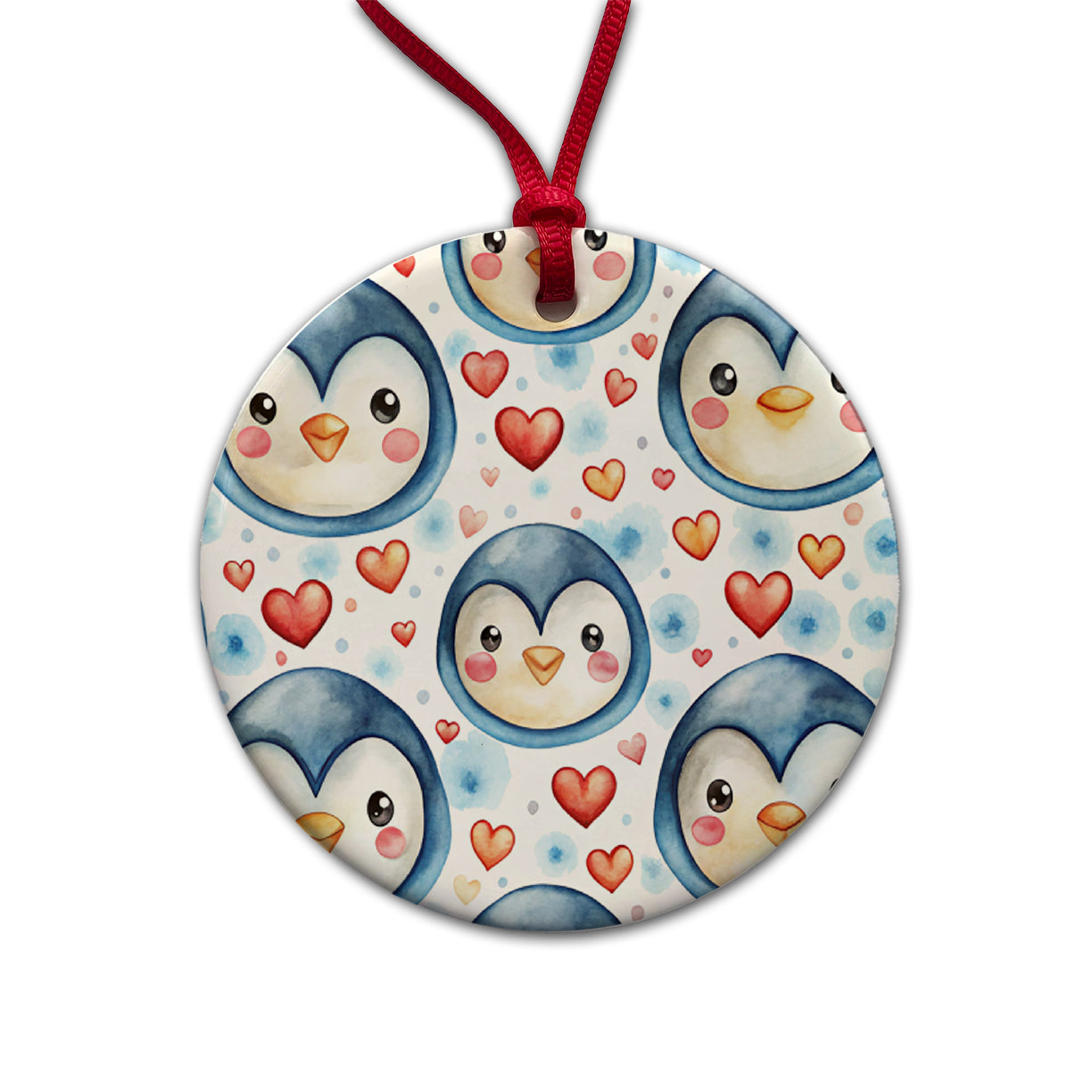 Cute Penguin Faces Hearts Watercolor Round Ceramic Holiday Christmas Tree Ornament