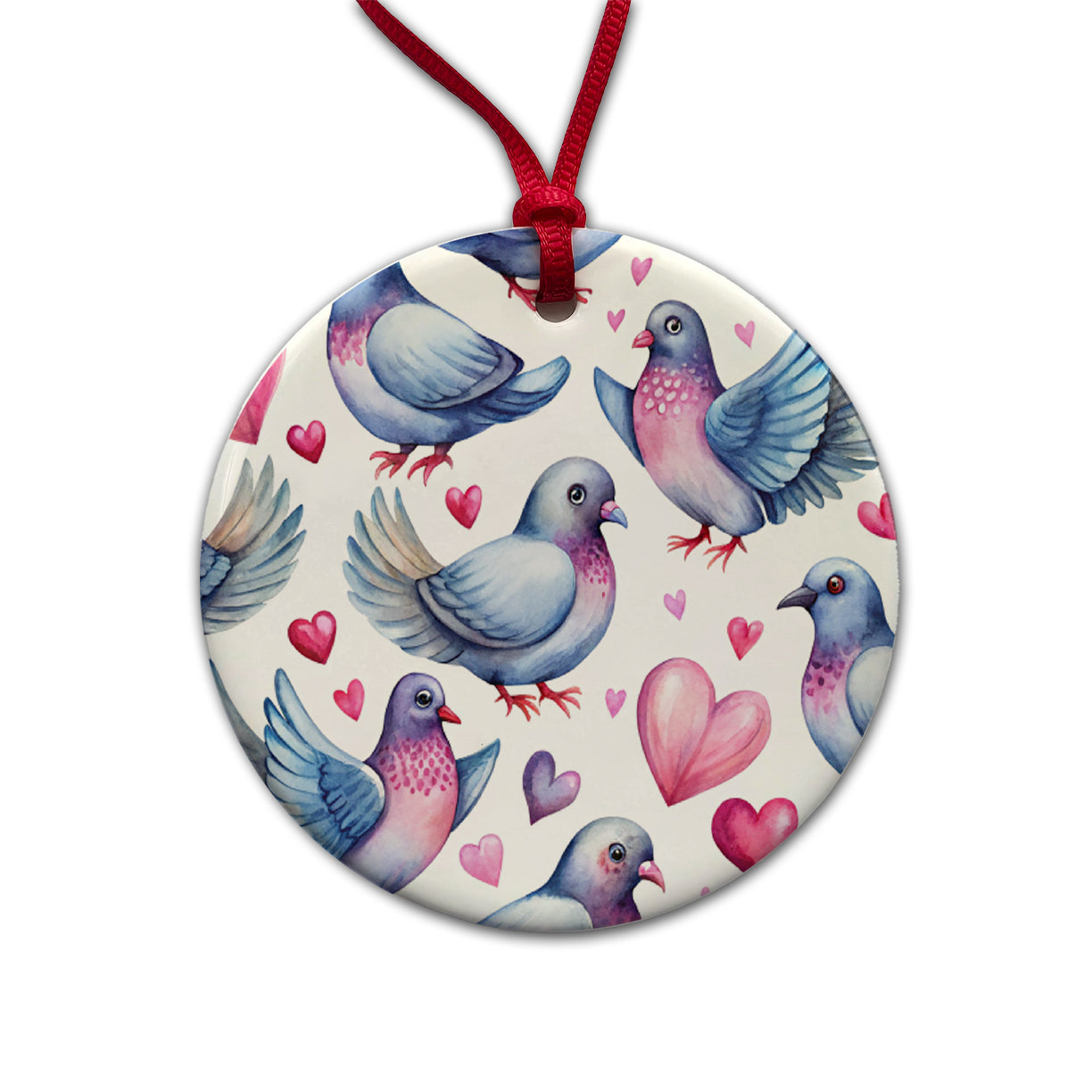 Cute Pigeons Hearts Watercolor Round Ceramic Holiday Christmas Tree Ornament