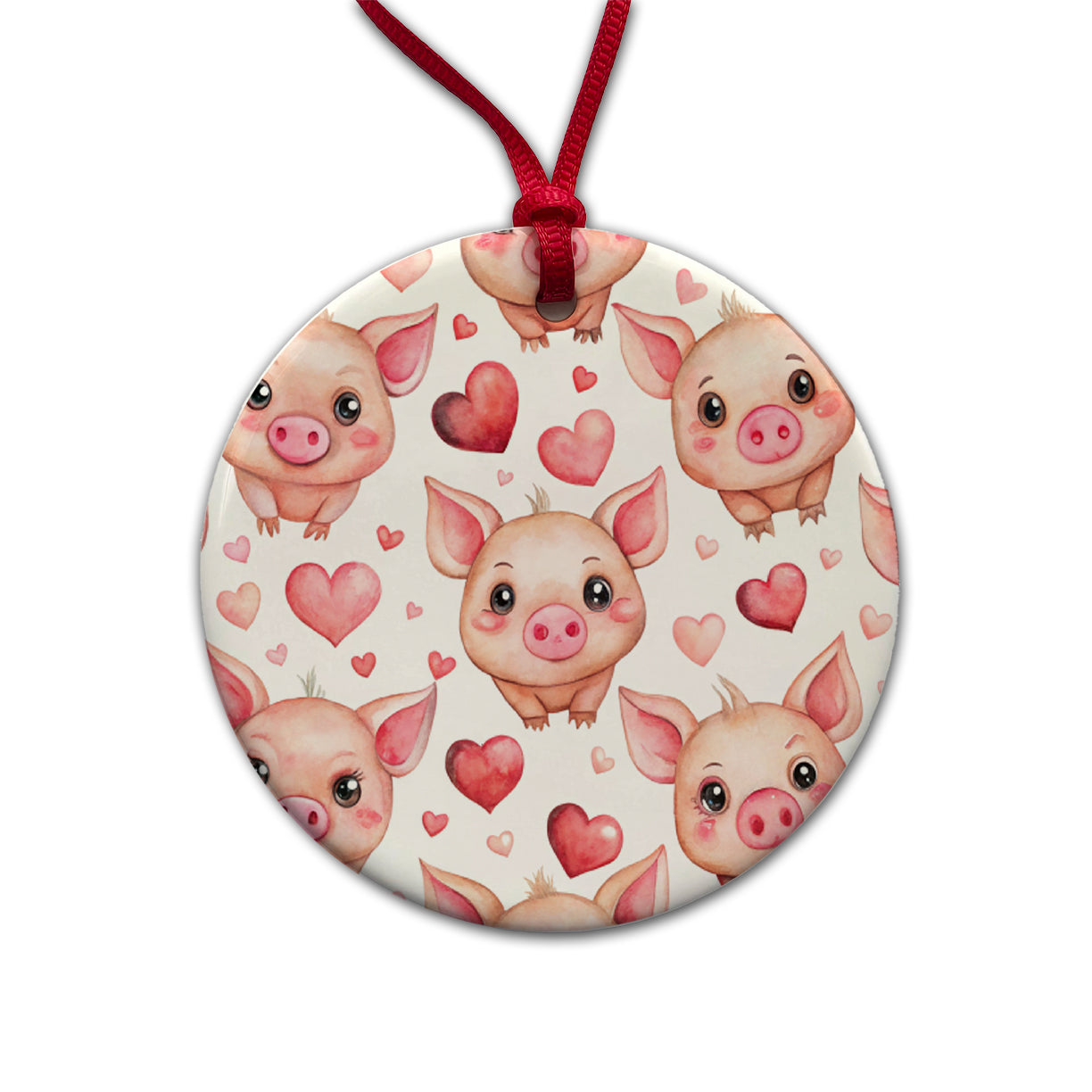 Cute Pigs Hearts Watercolor Round Ceramic Holiday Christmas Tree Ornament