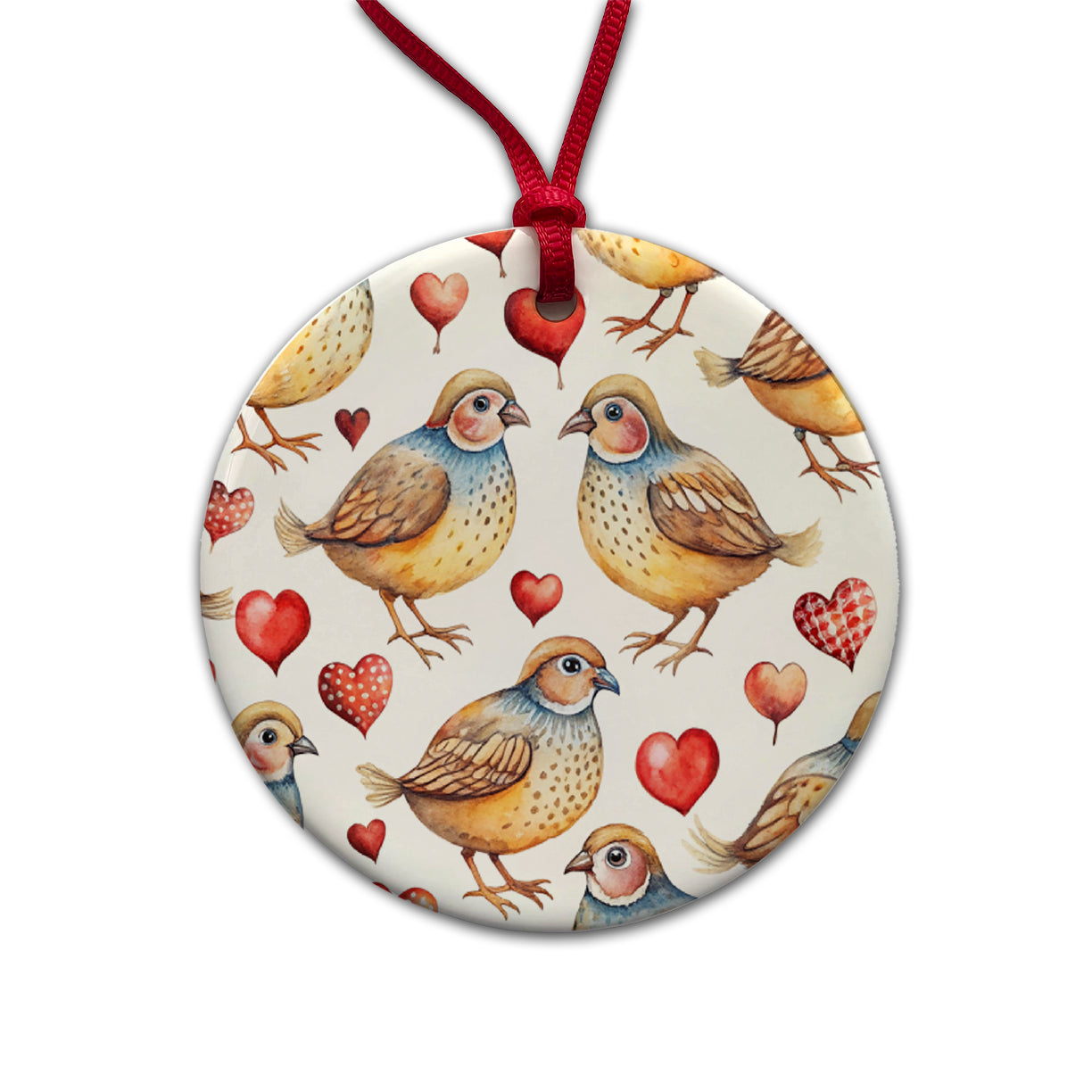 Cute Quails Hearts Watercolor Round Ceramic Holiday Christmas Tree Ornament