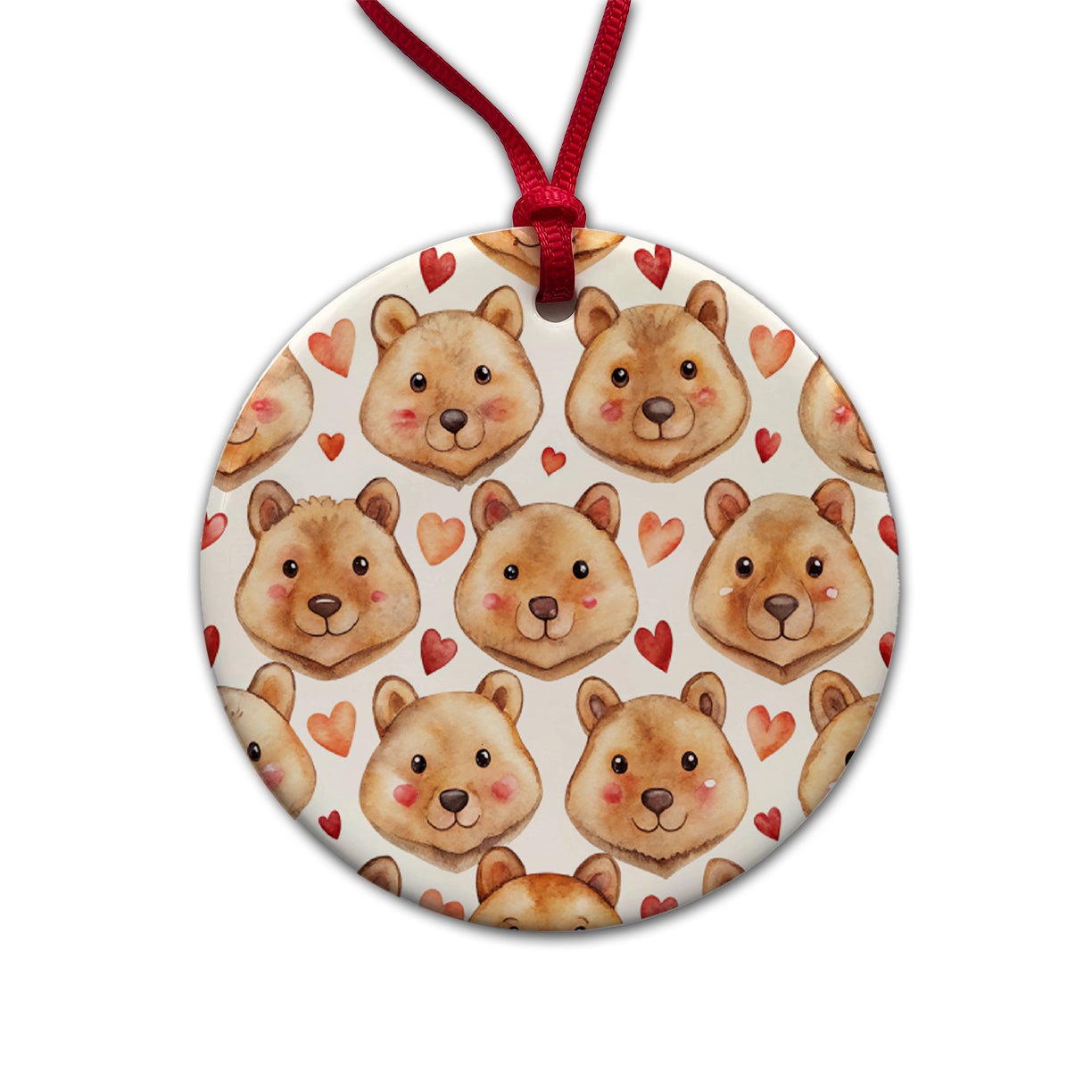 Cute Quokka Faces Hearts Watercolor Round Ceramic Holiday Christmas Tree Ornament
