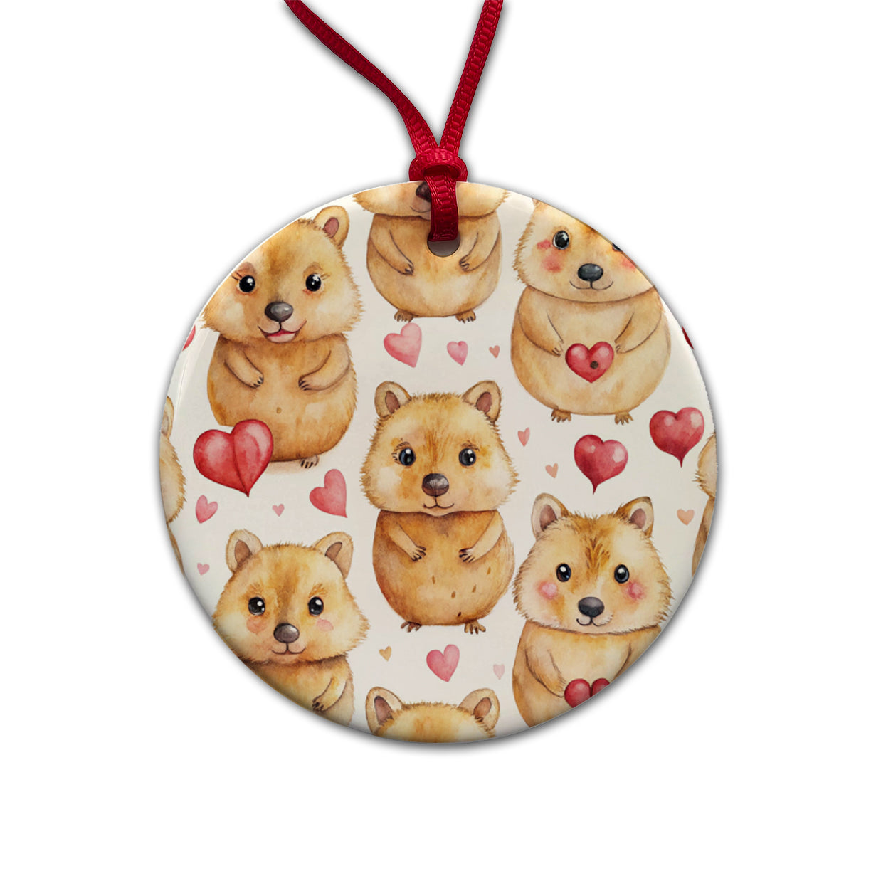 Cute Quokkas Hearts Watercolor Round Ceramic Holiday Christmas Tree Ornament