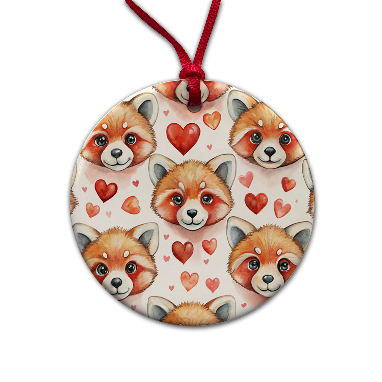 Cute Red Panda Faces Hearts Round Ceramic Holiday Christmas Tree Ornament