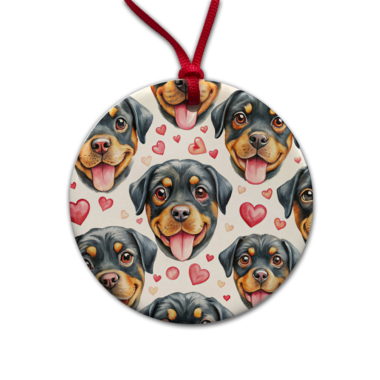 Cute Rottweiler Dog Faces Hearts Round Ceramic Holiday Christmas Tree Ornament