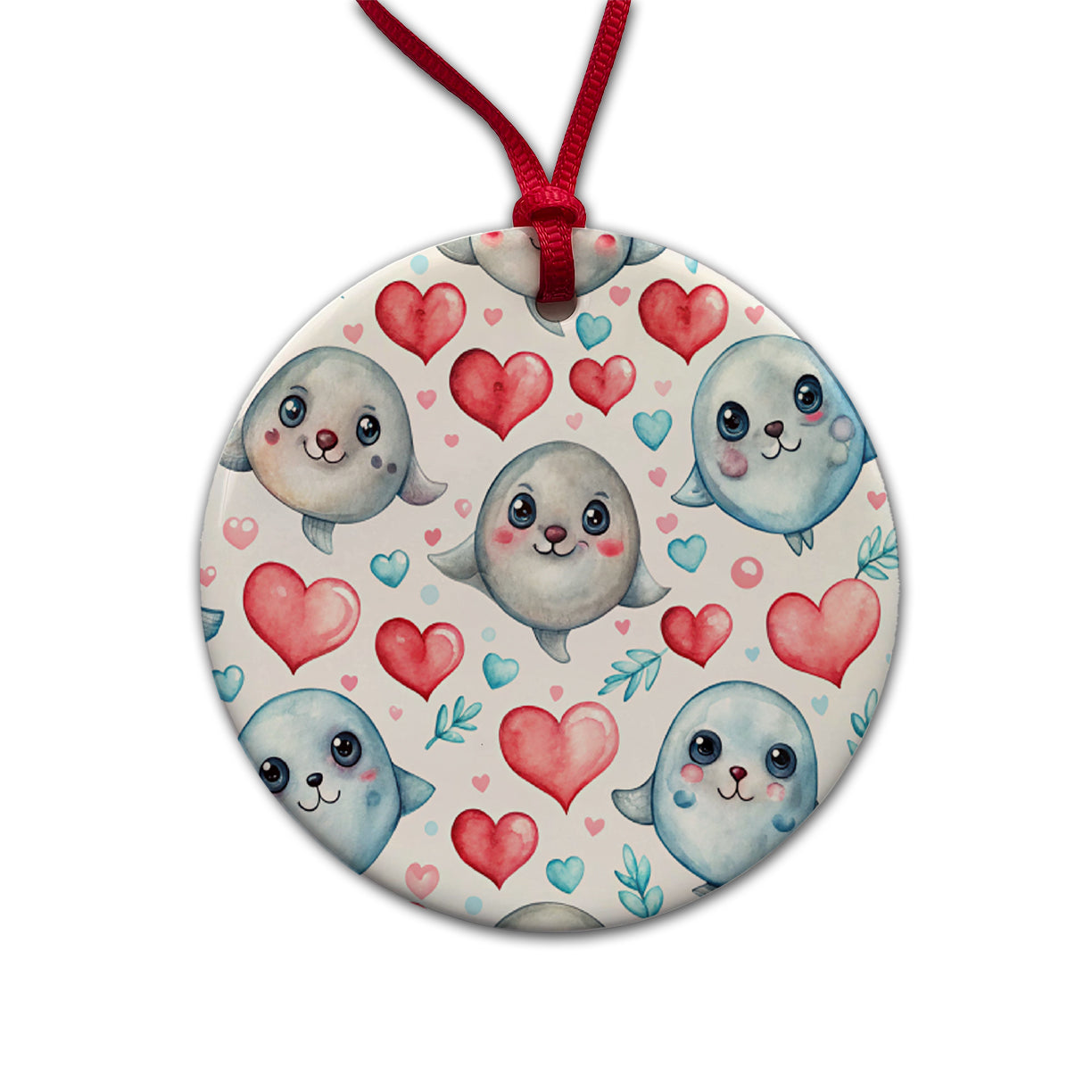 Cute Seals Hearts Watercolor Round Ceramic Holiday Christmas Tree Ornament