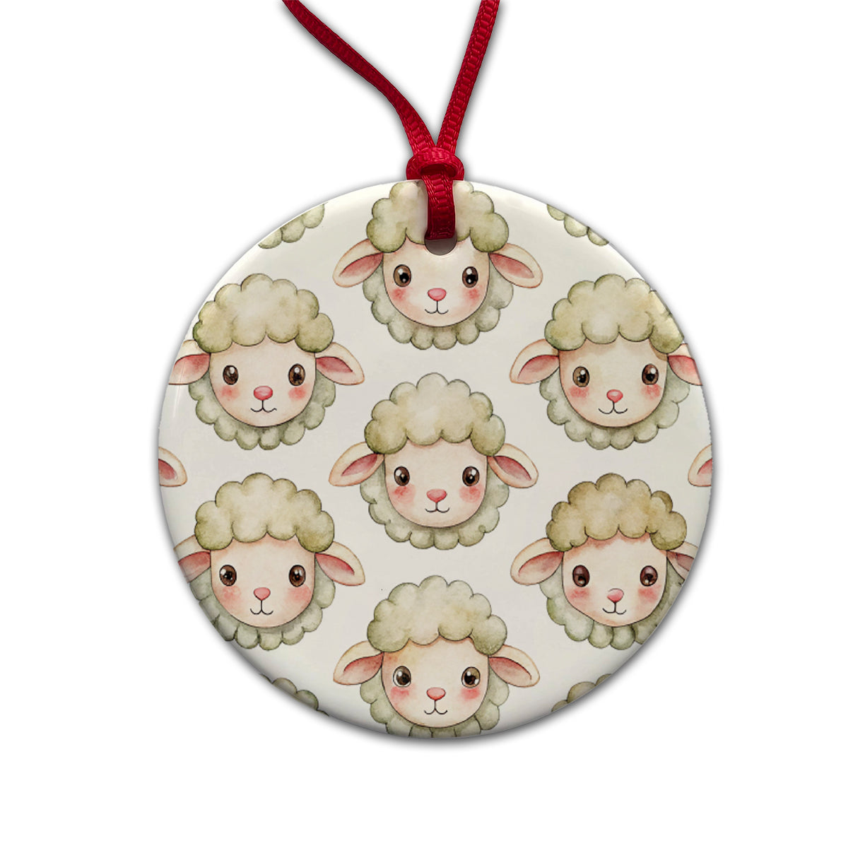 Cute Sheep Faces Watercolor Round Ceramic Holiday Christmas Tree Ornament