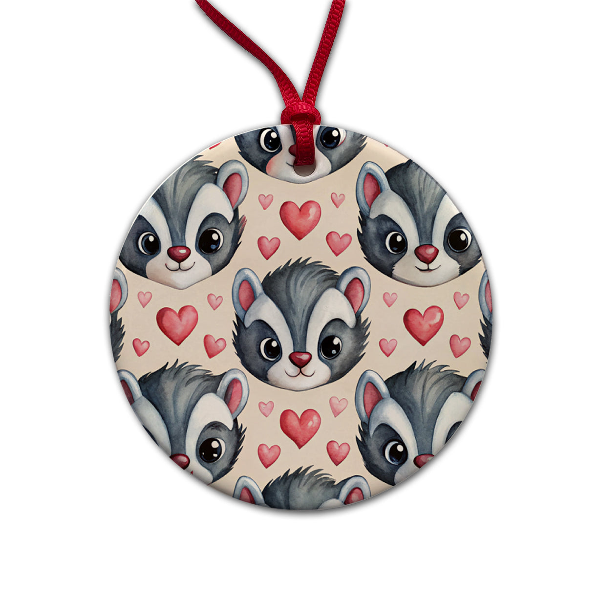 Cute Skunk Faces Hearts Watercolor Round Ceramic Holiday Christmas Tree Ornament