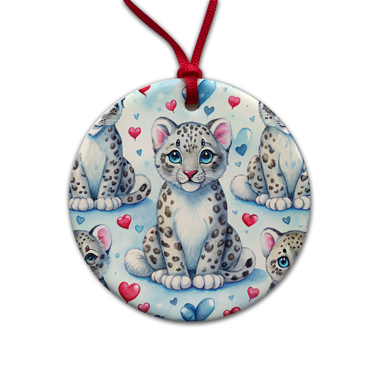 Cute Snow Leopard Hearts Watercolor Round Ceramic Holiday Christmas Tree Ornament