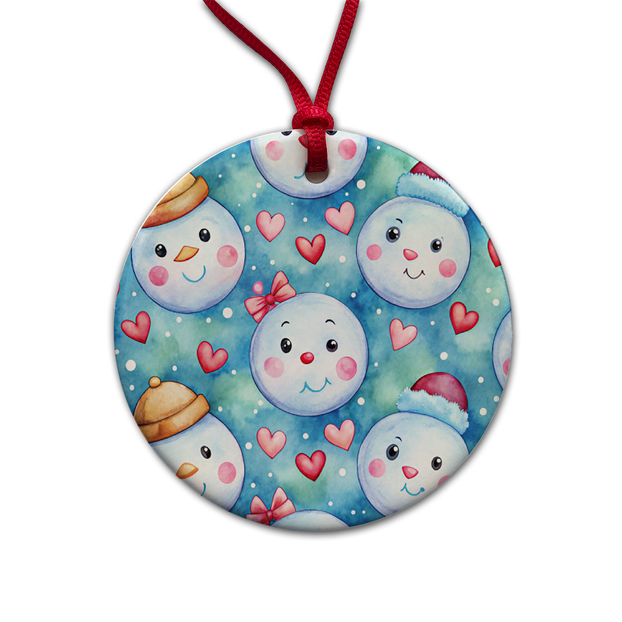 Cute Snowman Faces Hearts Winter Round Ceramic Holiday Christmas Tree Ornament