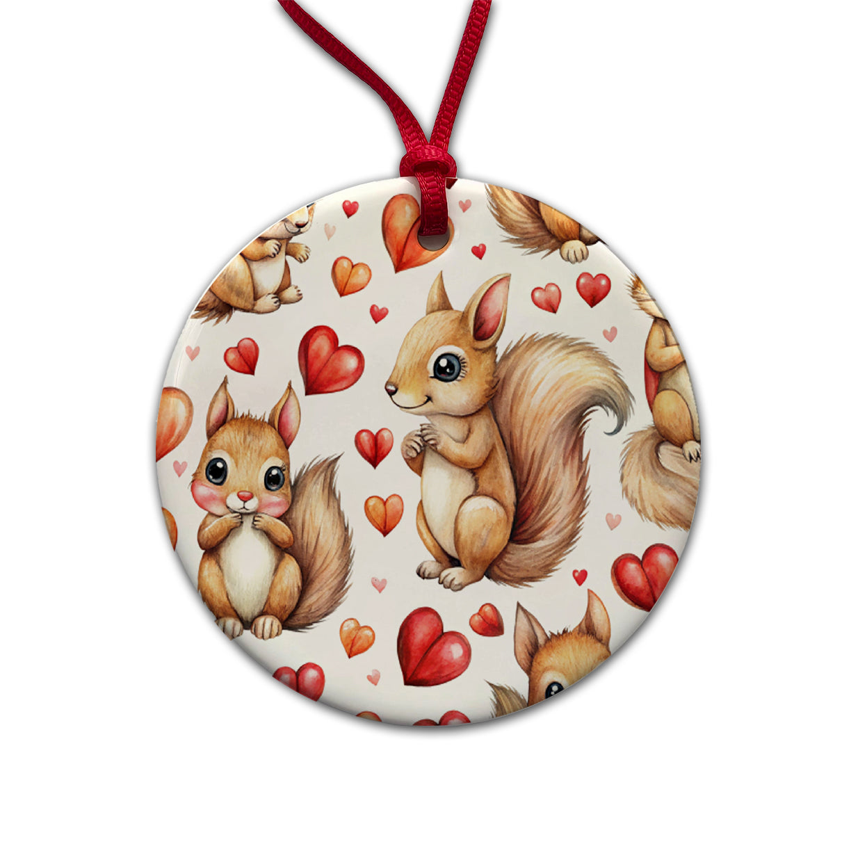 Cute Squirrels Hearts Watercolor Round Ceramic Holiday Christmas Tree Ornament