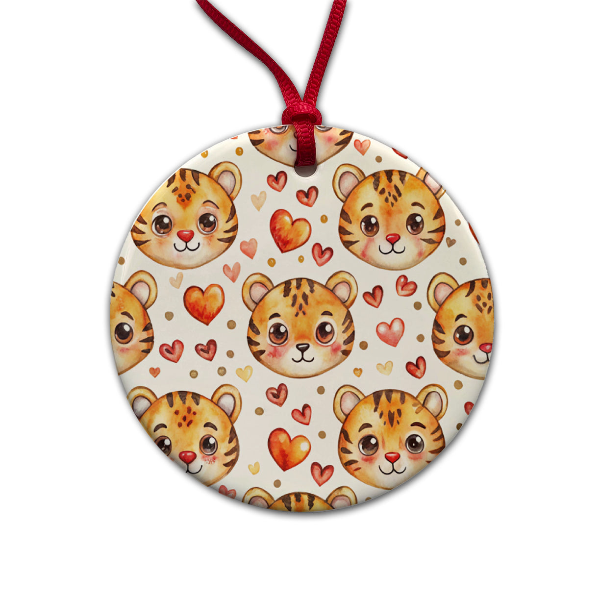 Cute Tiger Faces Hearts Watercolor Round Ceramic Holiday Christmas Tree Ornament