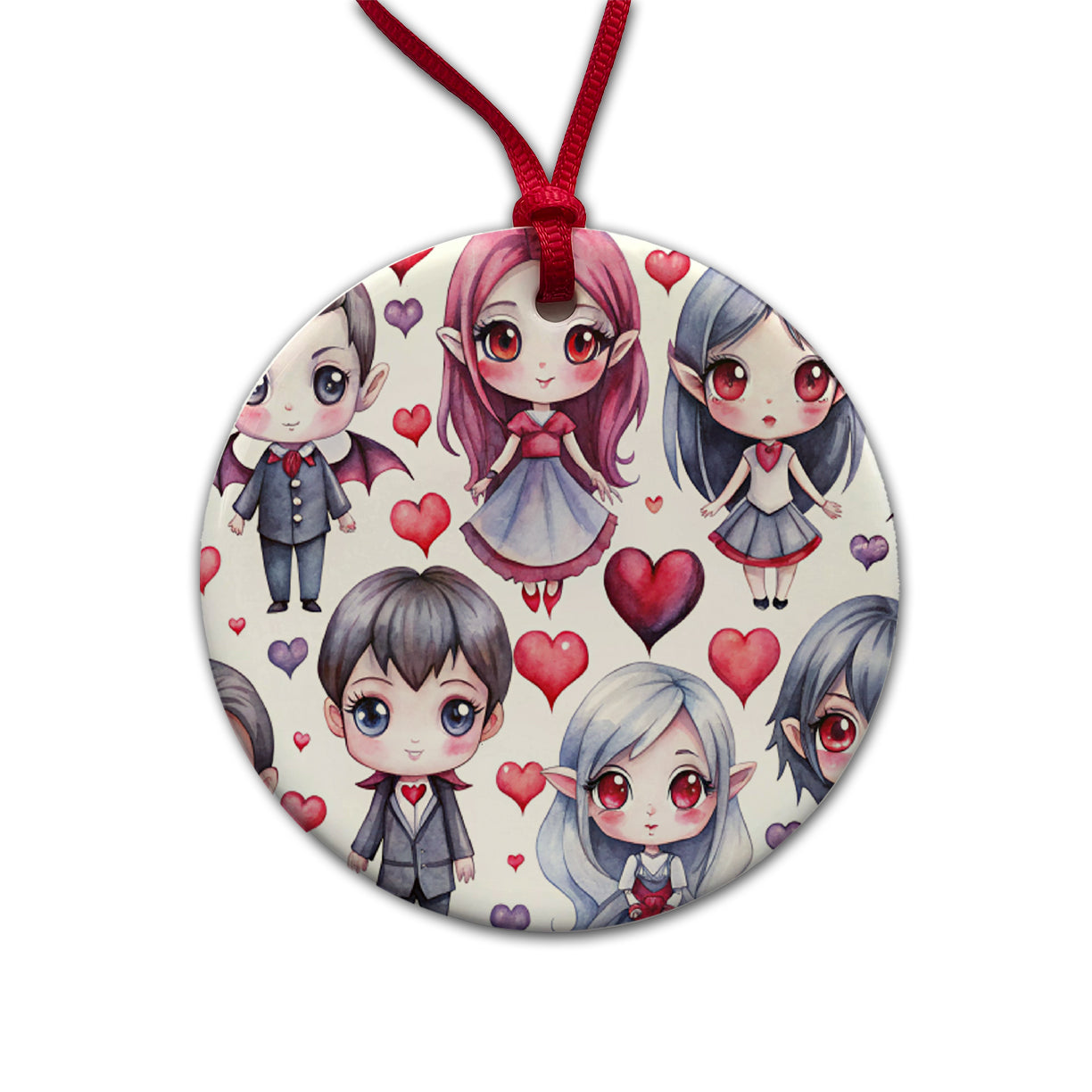 Cute Vampires Hearts Watercolor Round Ceramic Holiday Christmas Tree Ornament