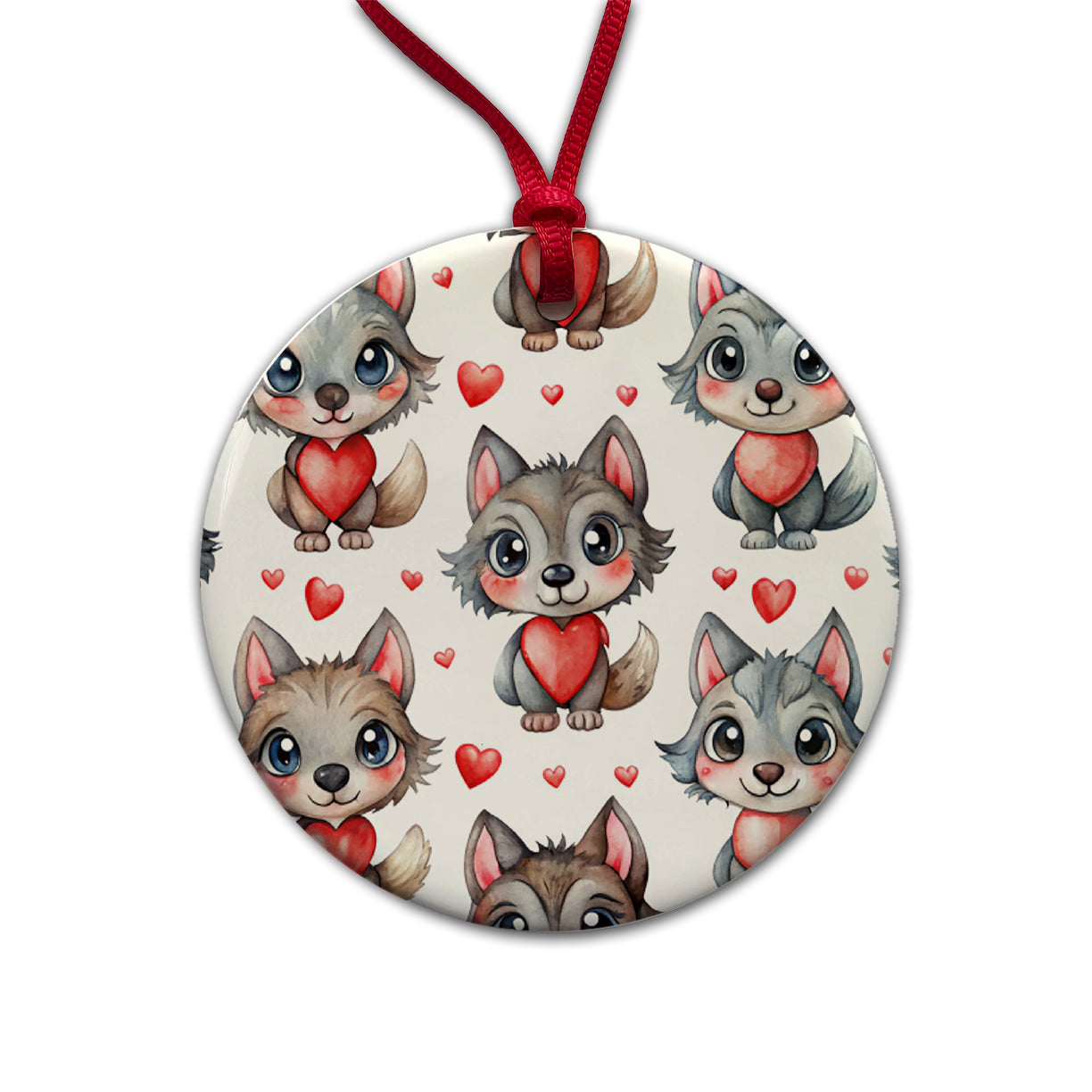 Cute Werewolves Hearts Watercolor Round Ceramic Holiday Christmas Tree Ornament