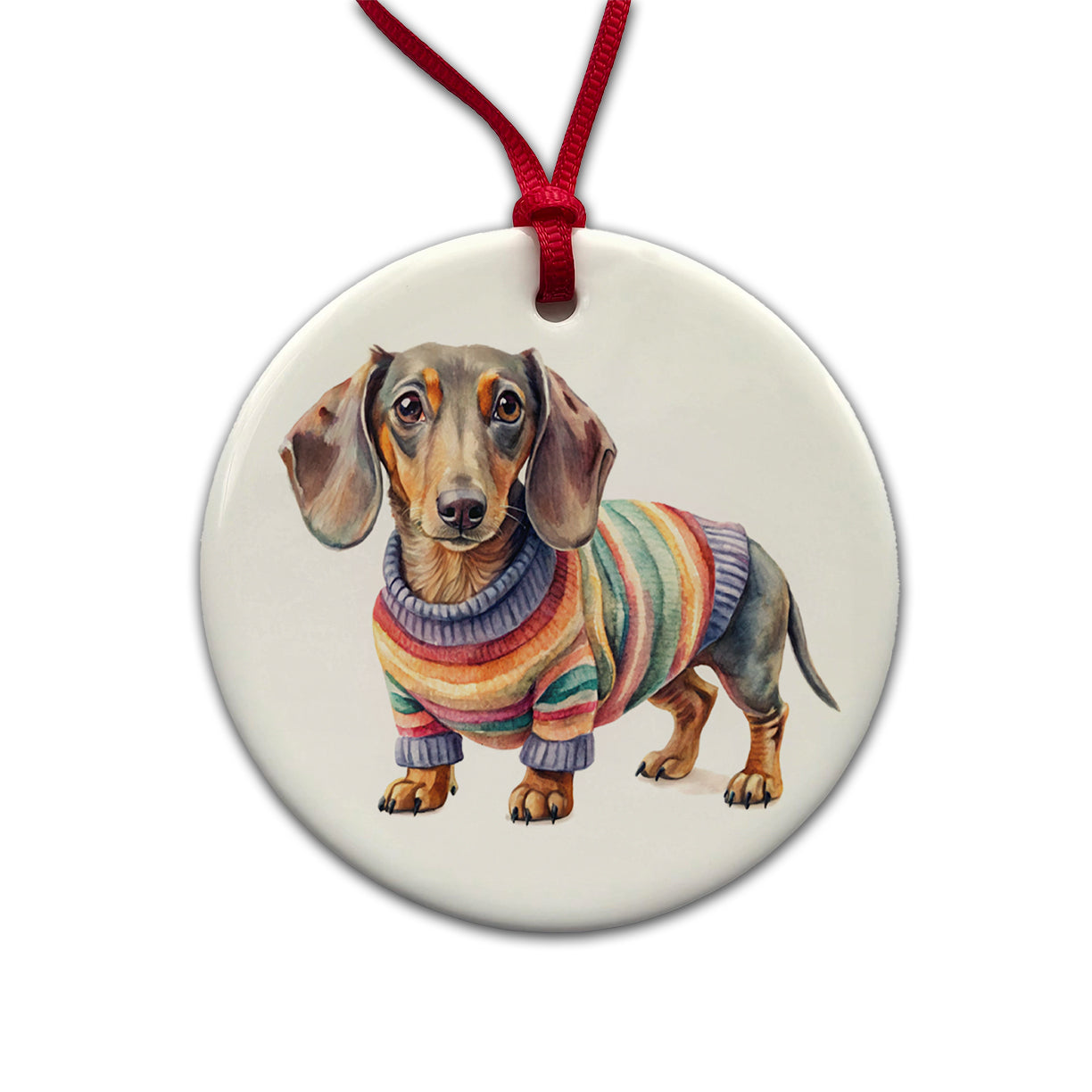 Dachshund Dog Wearing A Sweater Watercolor Round Ceramic Holiday Christmas Tree Ornament