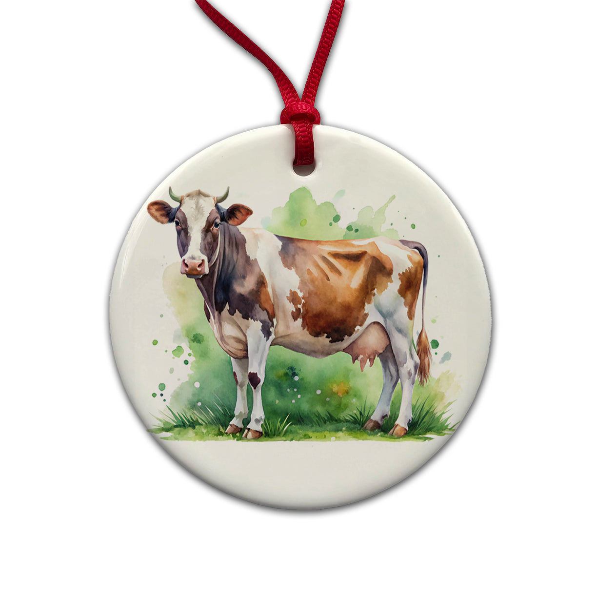 Dairy Cow Watercolor Round Ceramic Holiday Christmas Tree Ornament