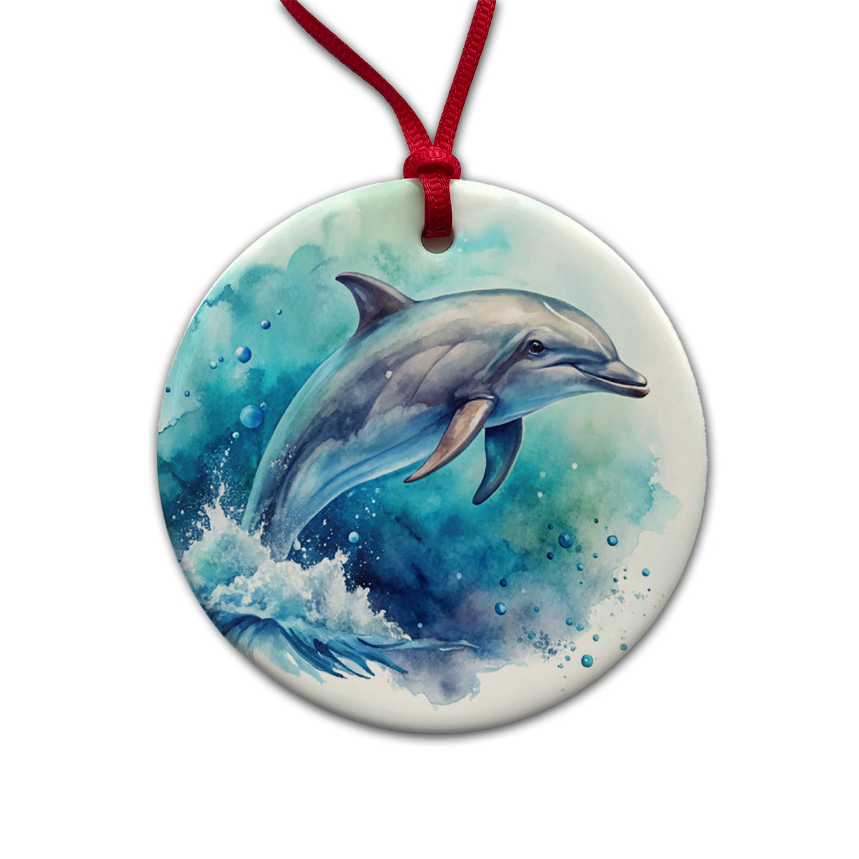 Dolphin In Ocean Watercolor Round Ceramic Holiday Christmas Tree Ornament