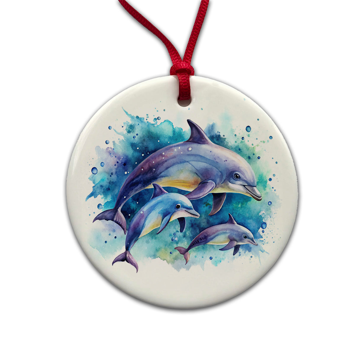 Dolphins Family Watercolor Design Round Ceramic Holiday Christmas Tree Ornament