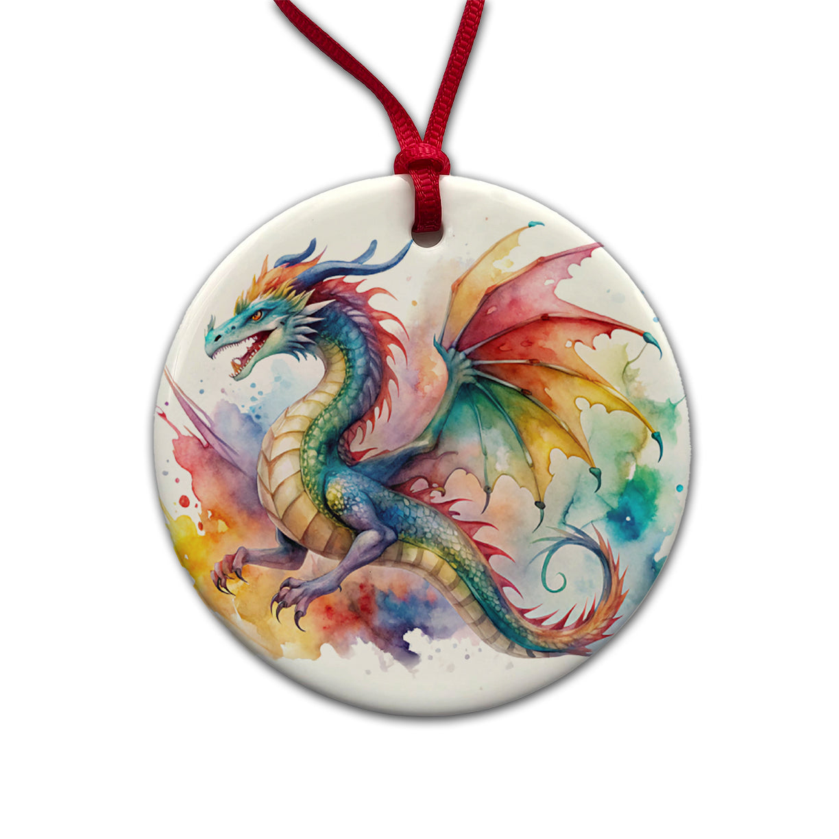 Dragon Watercolor Design Round Ceramic Holiday Christmas Tree Ornament