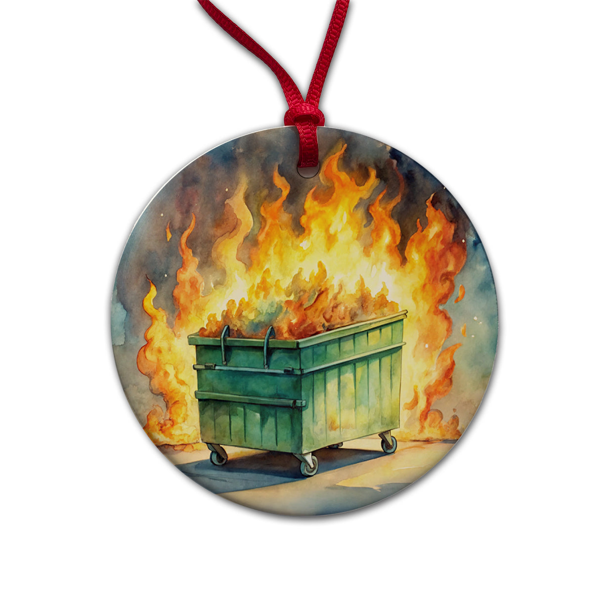 Dumpster Fire Watercolor Trash Round Ceramic Holiday Christmas Tree Ornament