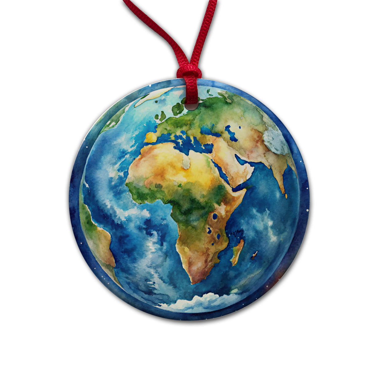 Earth Africa Asia Europe From Space Watercolor Round Ceramic Holiday Christmas Tree Ornament