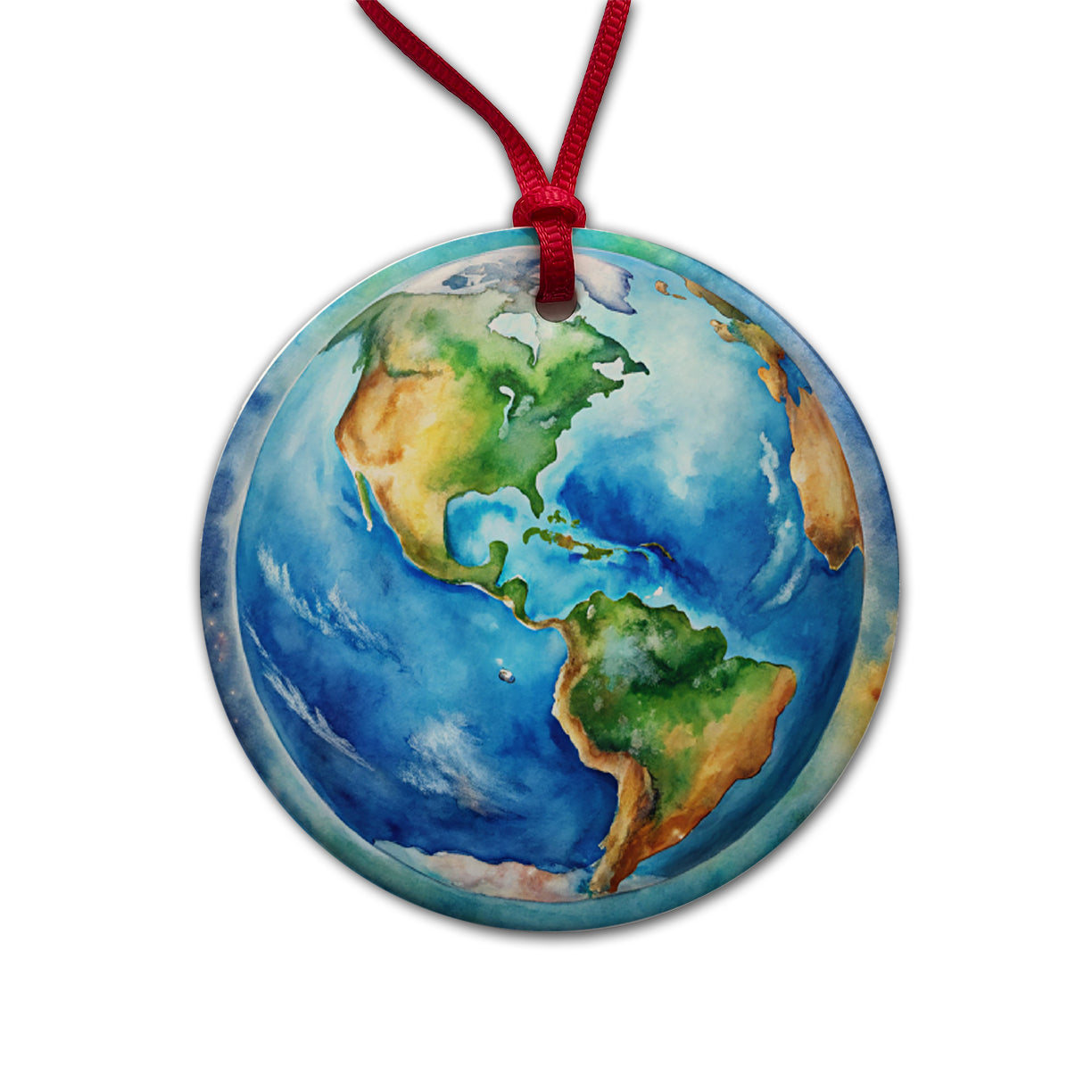 Earth North South America From Space Watercolor Round Ceramic Holiday Christmas Tree Ornament