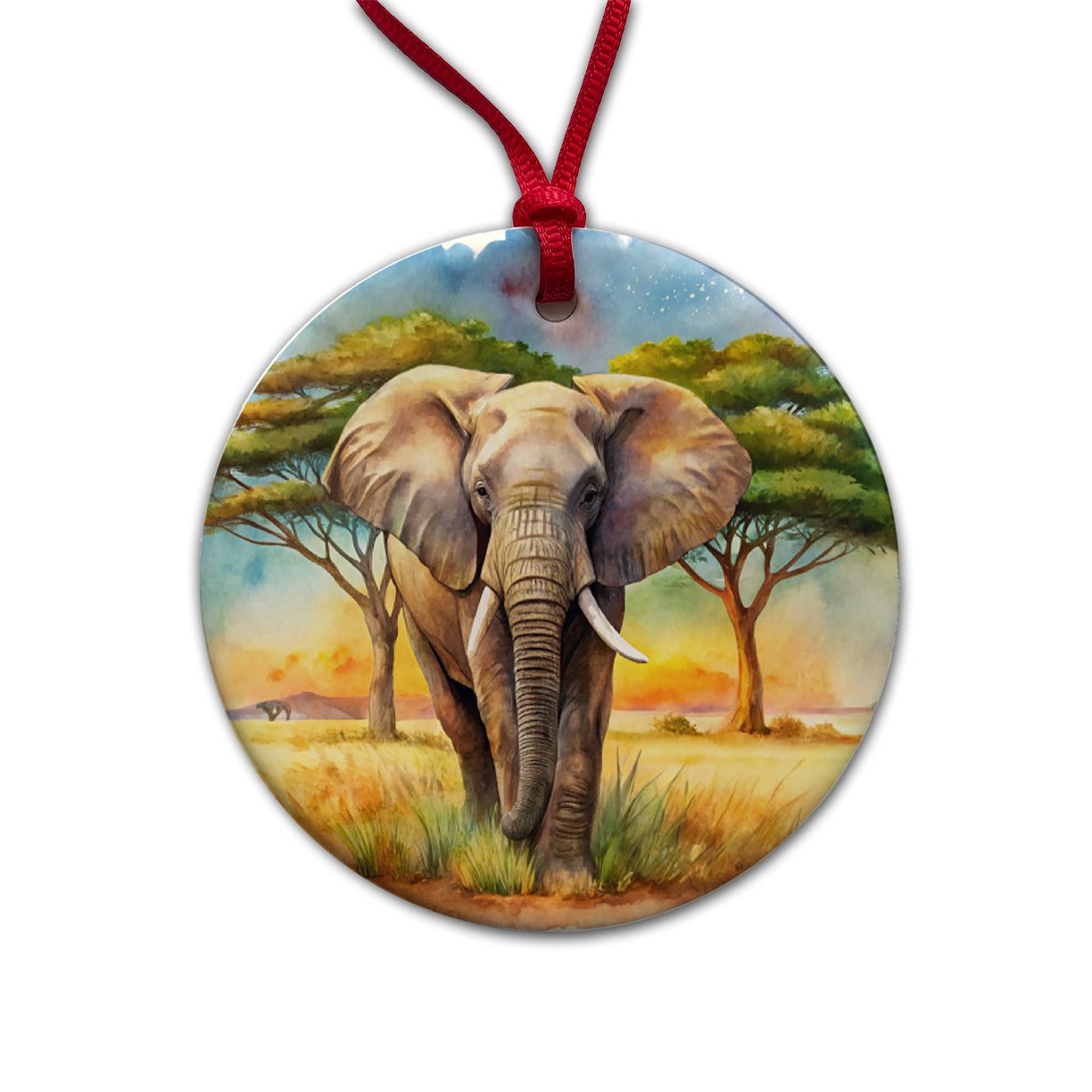 Elephant African Plain Watercolor Design Round Ceramic Holiday Christmas Tree Ornament