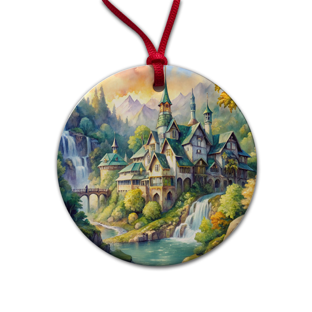 Elvish Elven Castle Fantasy Beautiful Watercolor Round Ceramic Holiday Christmas Tree Ornament