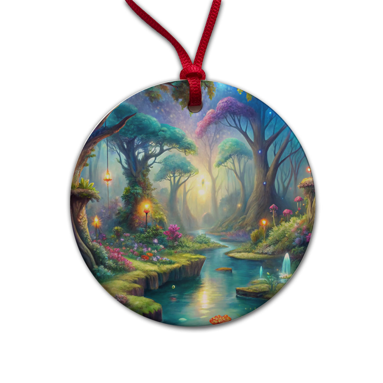 Fairy Forest Trees Fantasy Watercolor Design Round Ceramic Holiday Christmas Tree Ornament