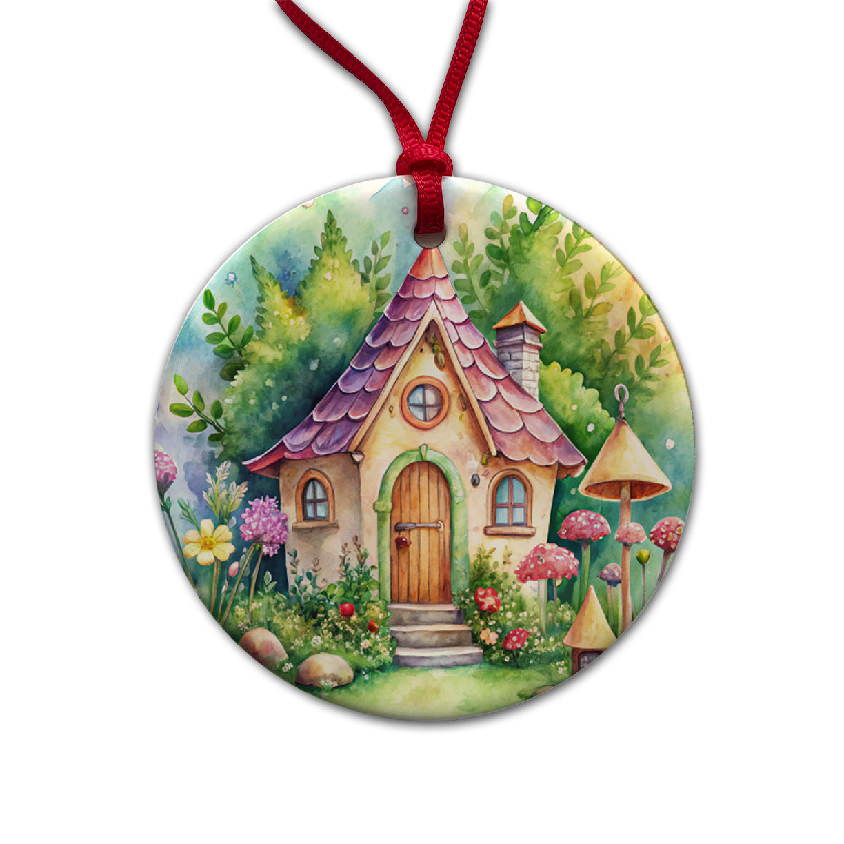 Fairy House Watercolor Adorable Round Ceramic Holiday Christmas Tree Ornament