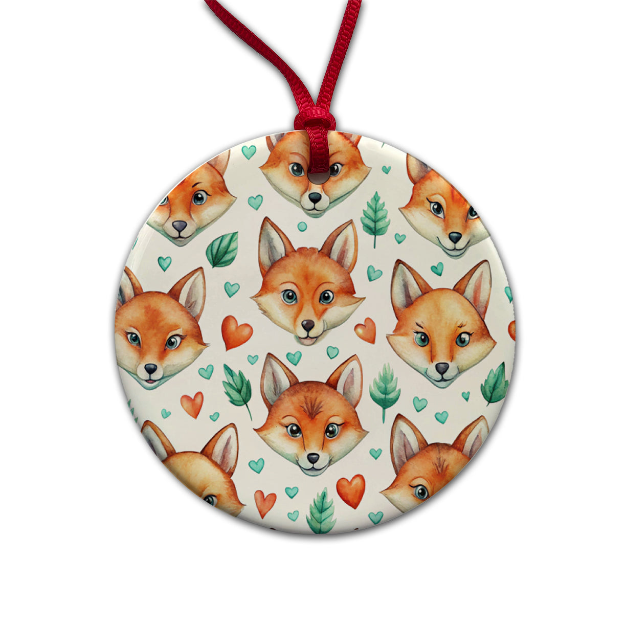 Fox Faces Hearts Watercolor Round Ceramic Holiday Christmas Tree Ornament