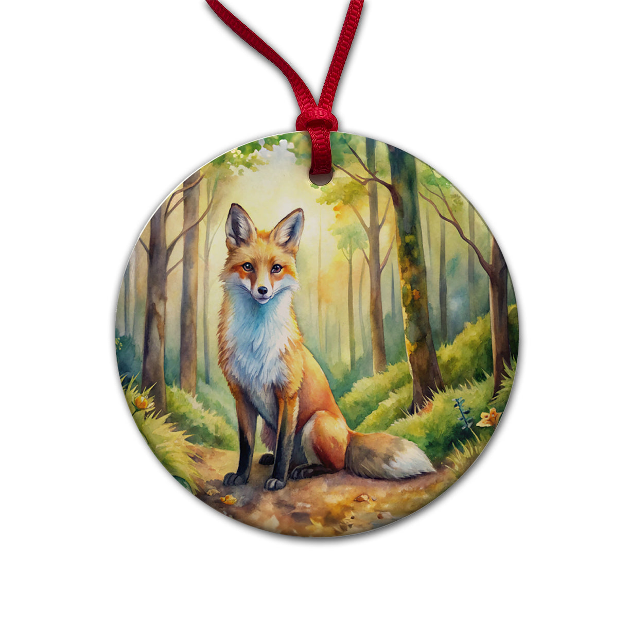 Fox Sitting In Forest Watercolor Round Ceramic Holiday Christmas Tree Ornament