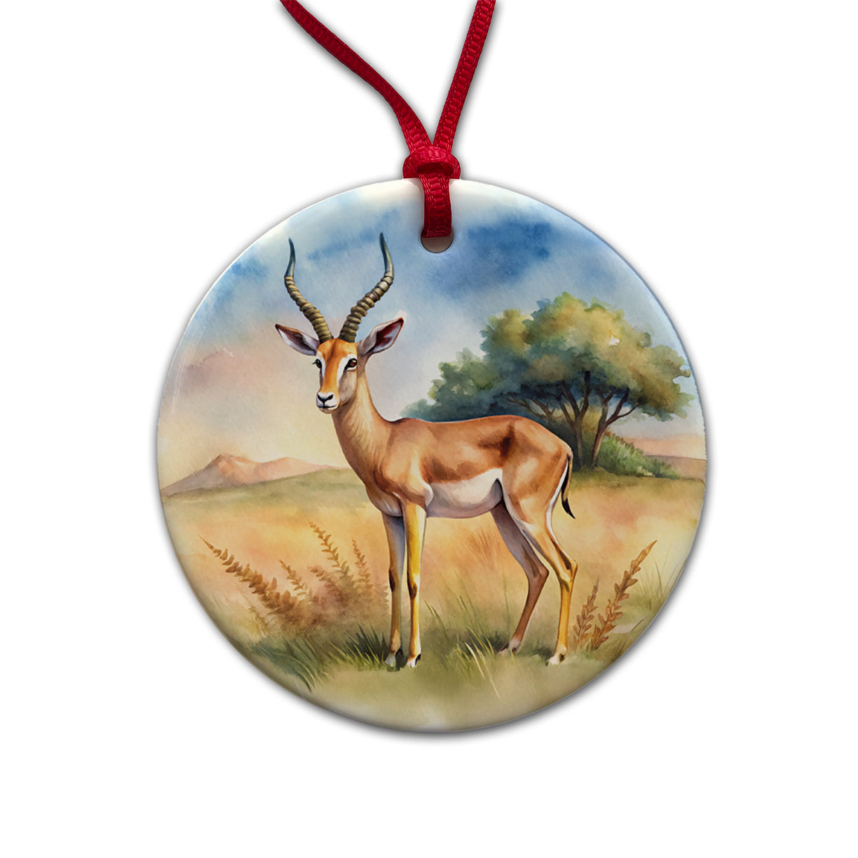 Gazelle African Plain Watercolor Design Round Ceramic Holiday Christmas Tree Ornament